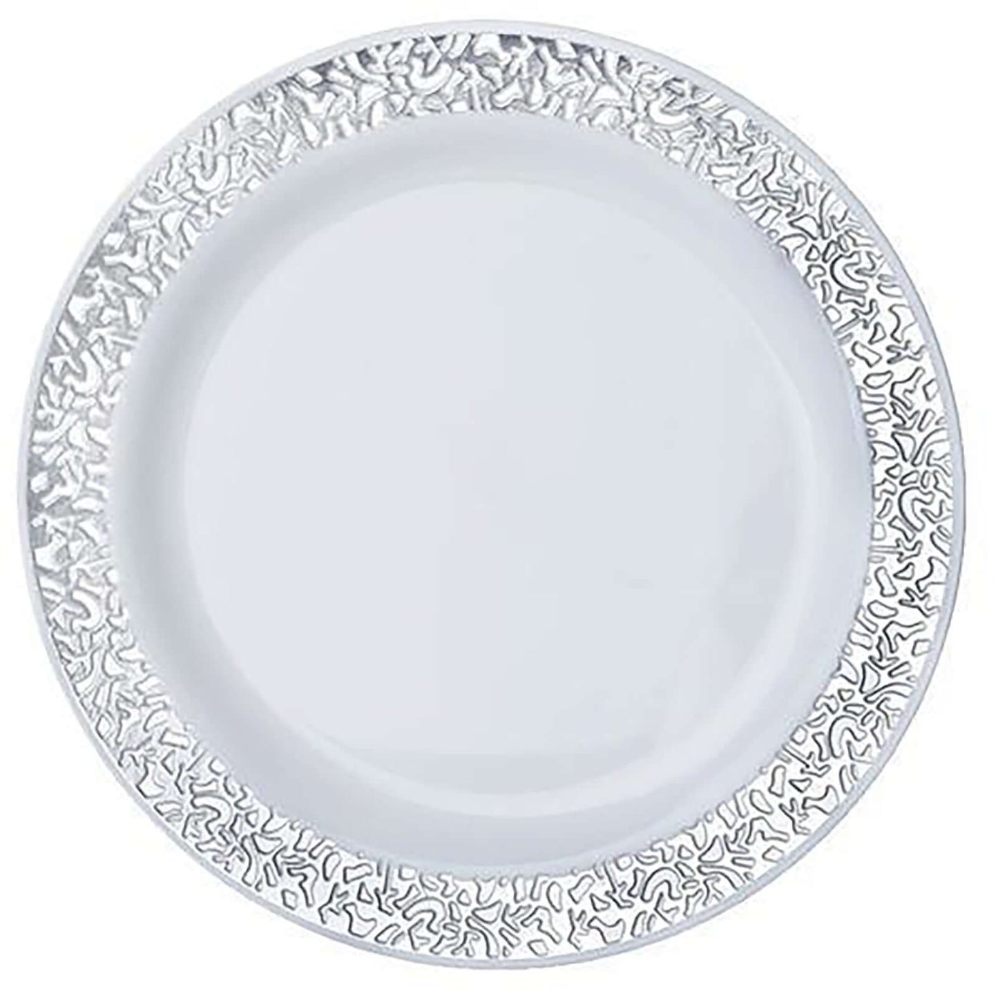 10-Pack Dessert Plates Lace Rim Design White with Silver - Plastic Disposable Appetizer Plates for Events 6"