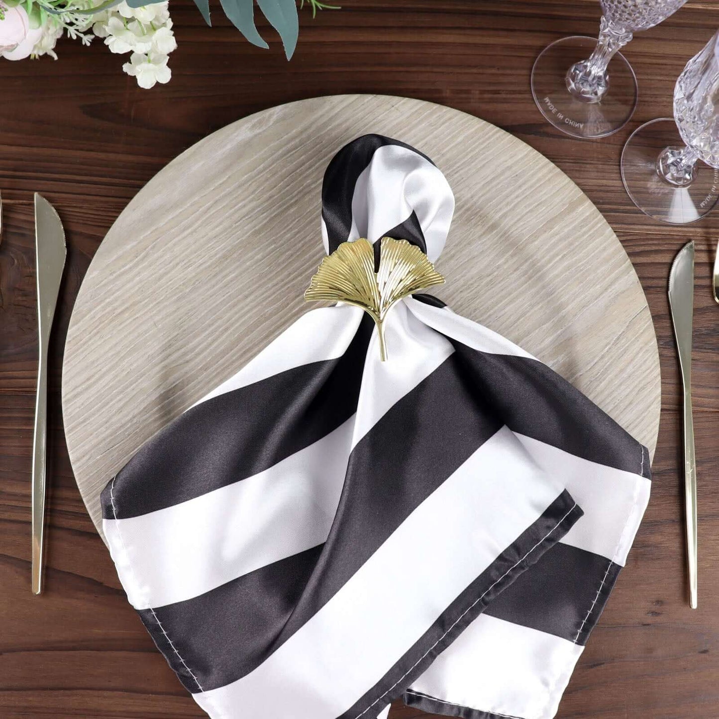 5 Pack Satin 20"x20" Napkins Black/White - Striped Reusable Dinner Napkins for Formal & Casual Dining