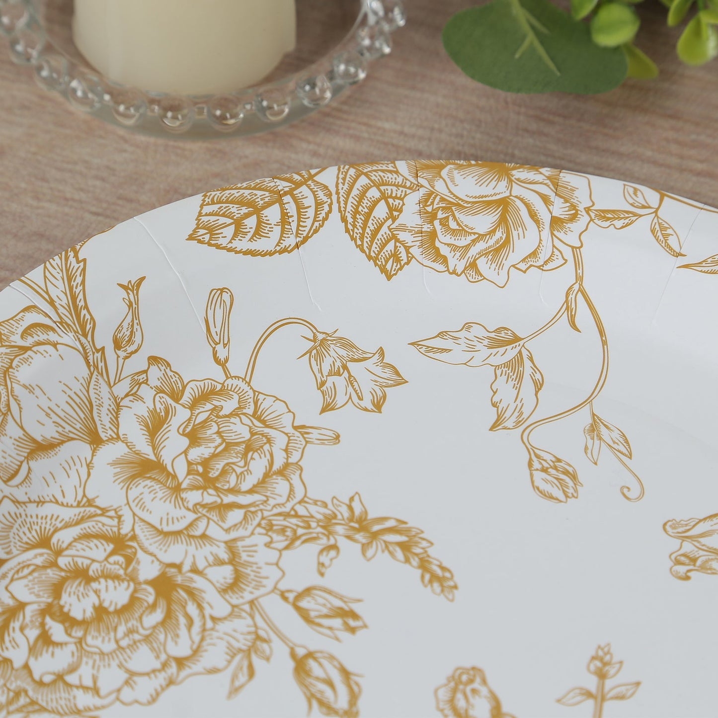 25-Pack Paper 9" Round Dinner Plates in White with Gold French Toile Pattern - Disposable Floral Party Plates for Stylish Events