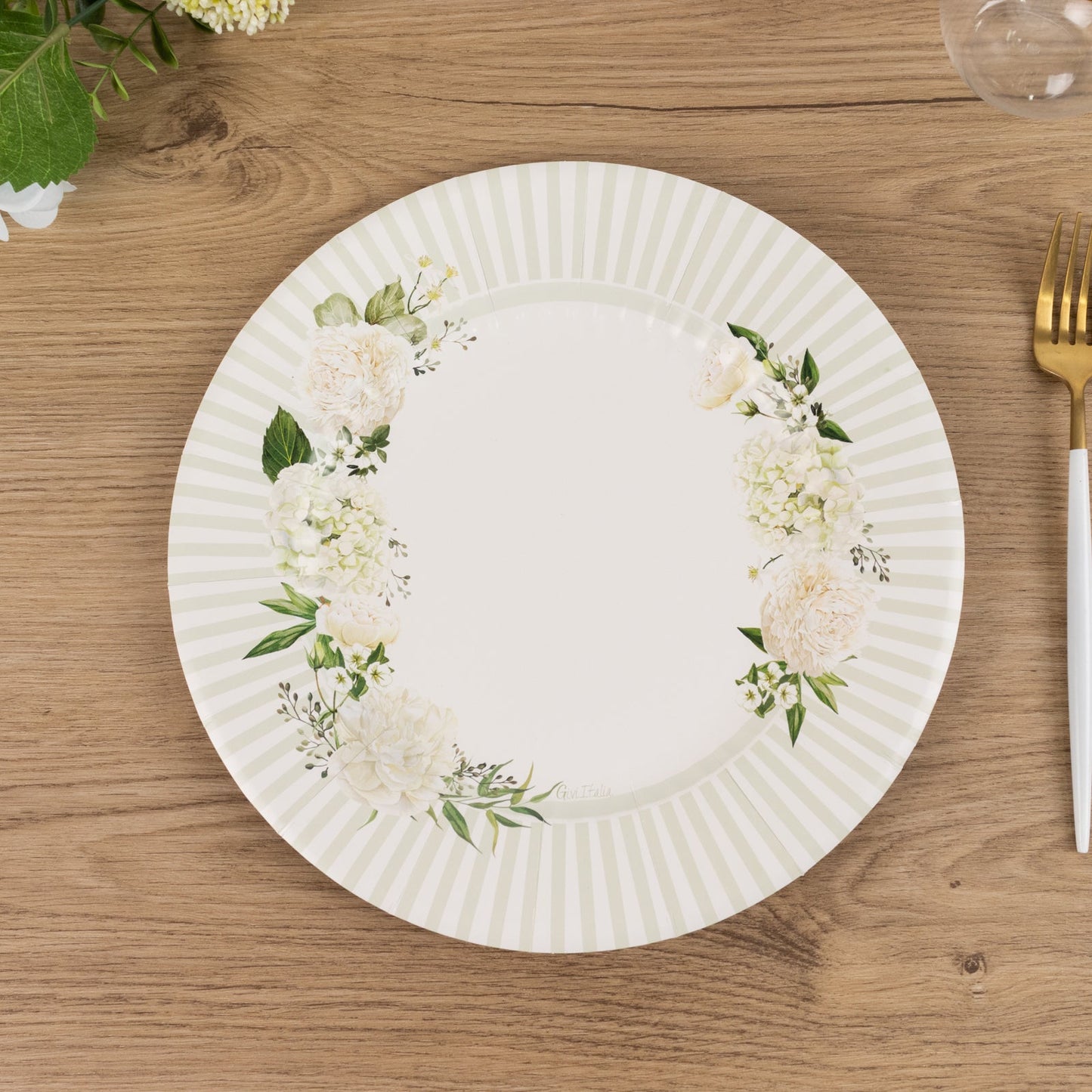 25-Pack Paper 10" Round Dinner Plates in White with Sage Green Floral Print & Lined Rim - Disposable Party Plates for Bridal Showers & Luncheons