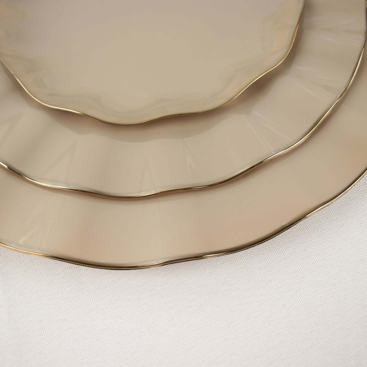 10-Pack Plastic 11" Round Dinner Plates in Taupe Ruffled Rim with Gold Edging - Sturdy Disposable Dinnerware