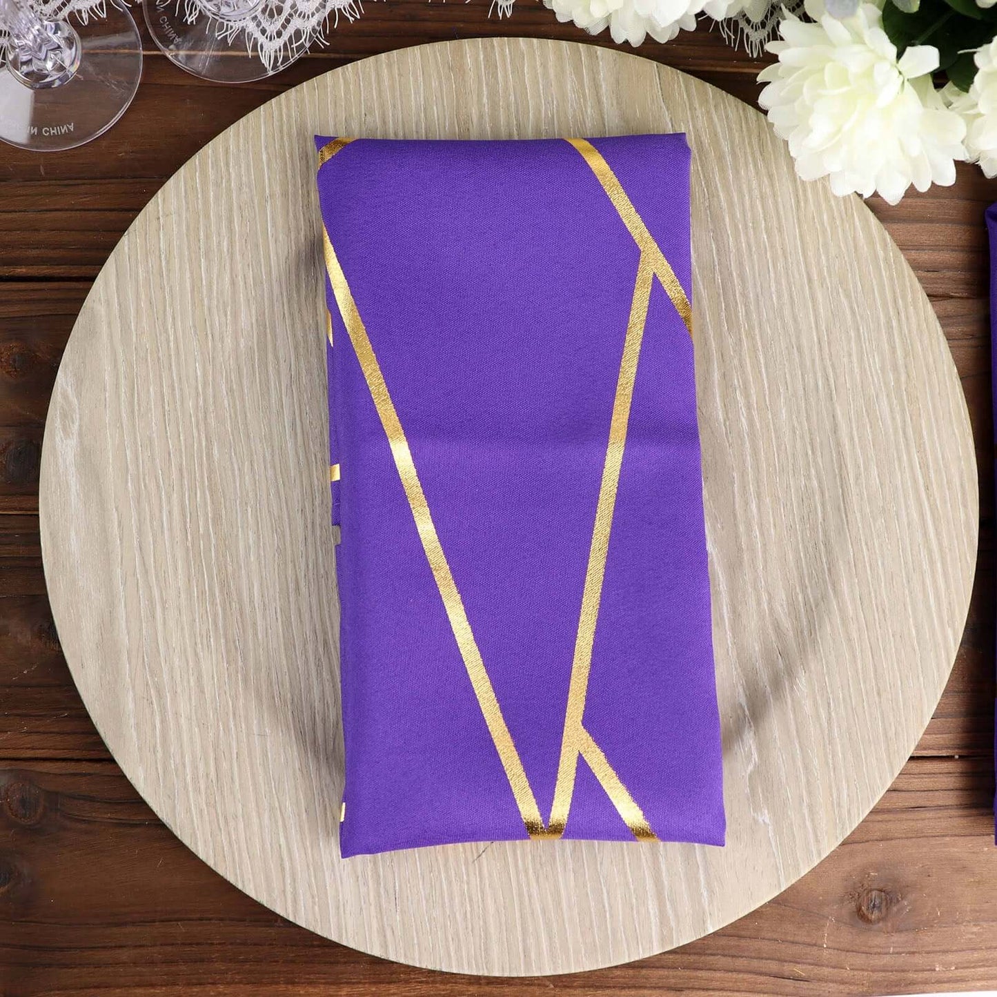 5 Pack Polyester 20"x20" Napkins Purple with Gold Geometric Foil Pattern - Modern Reusable Dinner Napkins