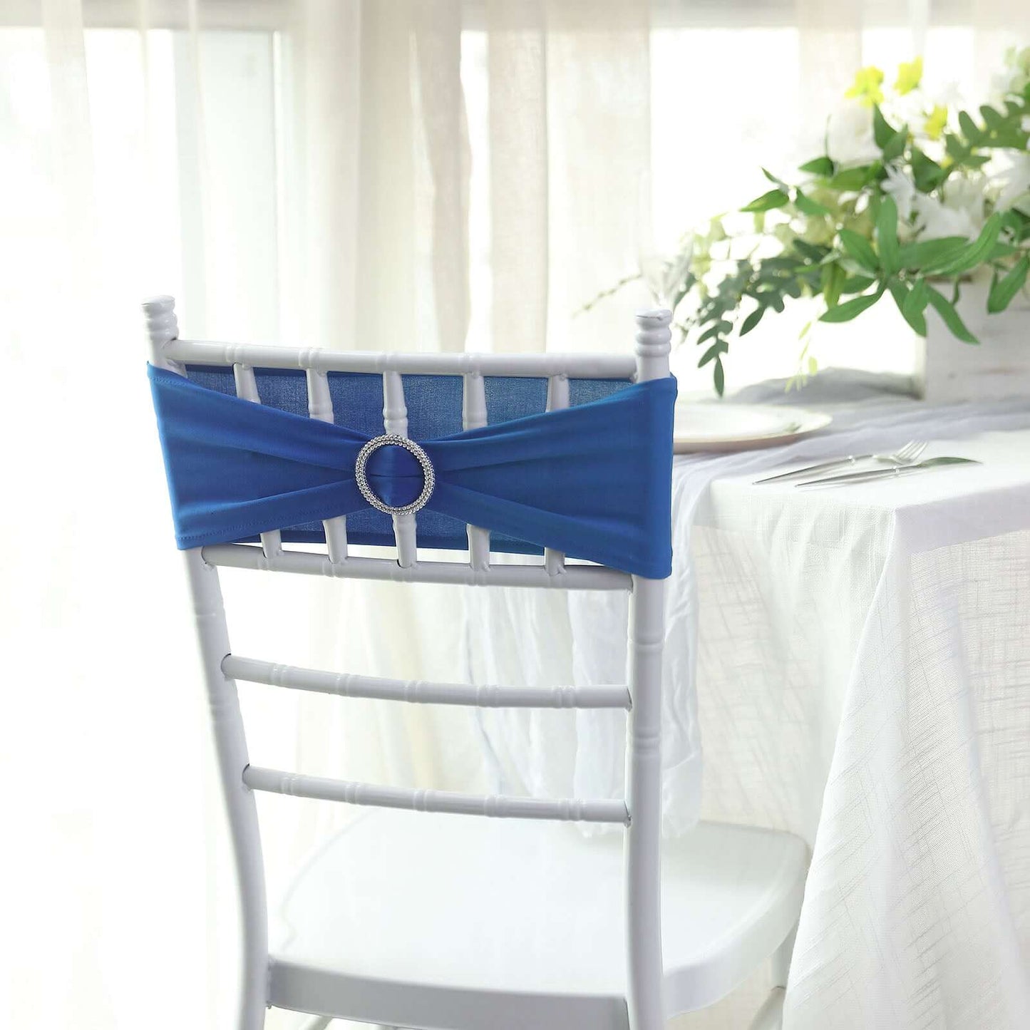 5 Pack Stretch Spandex Chair Sashes Royal Blue - Reusable Chair Bands with Silver Diamond Ring Slide Buckle 5"x14"