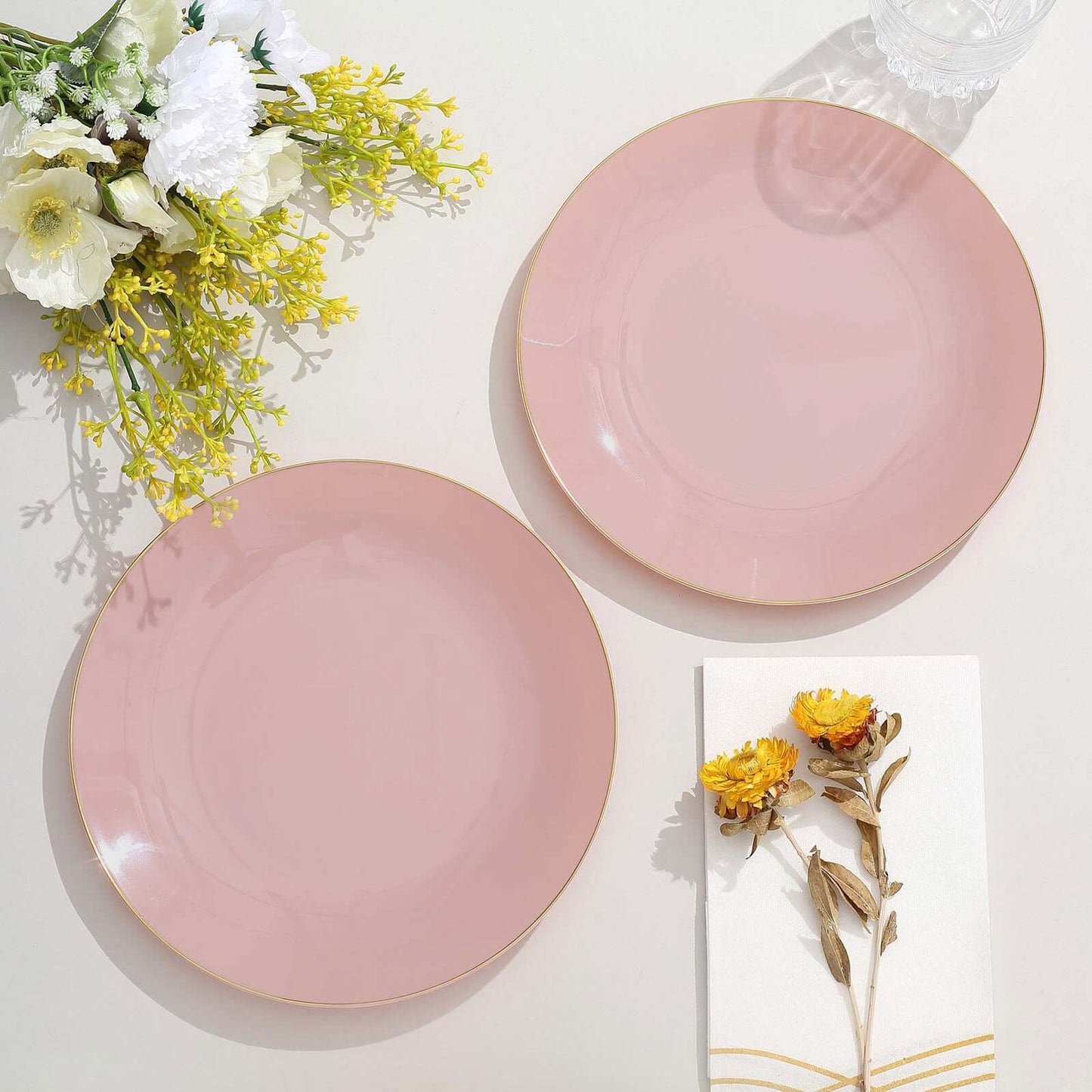 10-Pack Plastic 8" Round Dessert Plates in Dusty Rose with Gold Rim - Glossy Disposable Appetizer Salad Plates