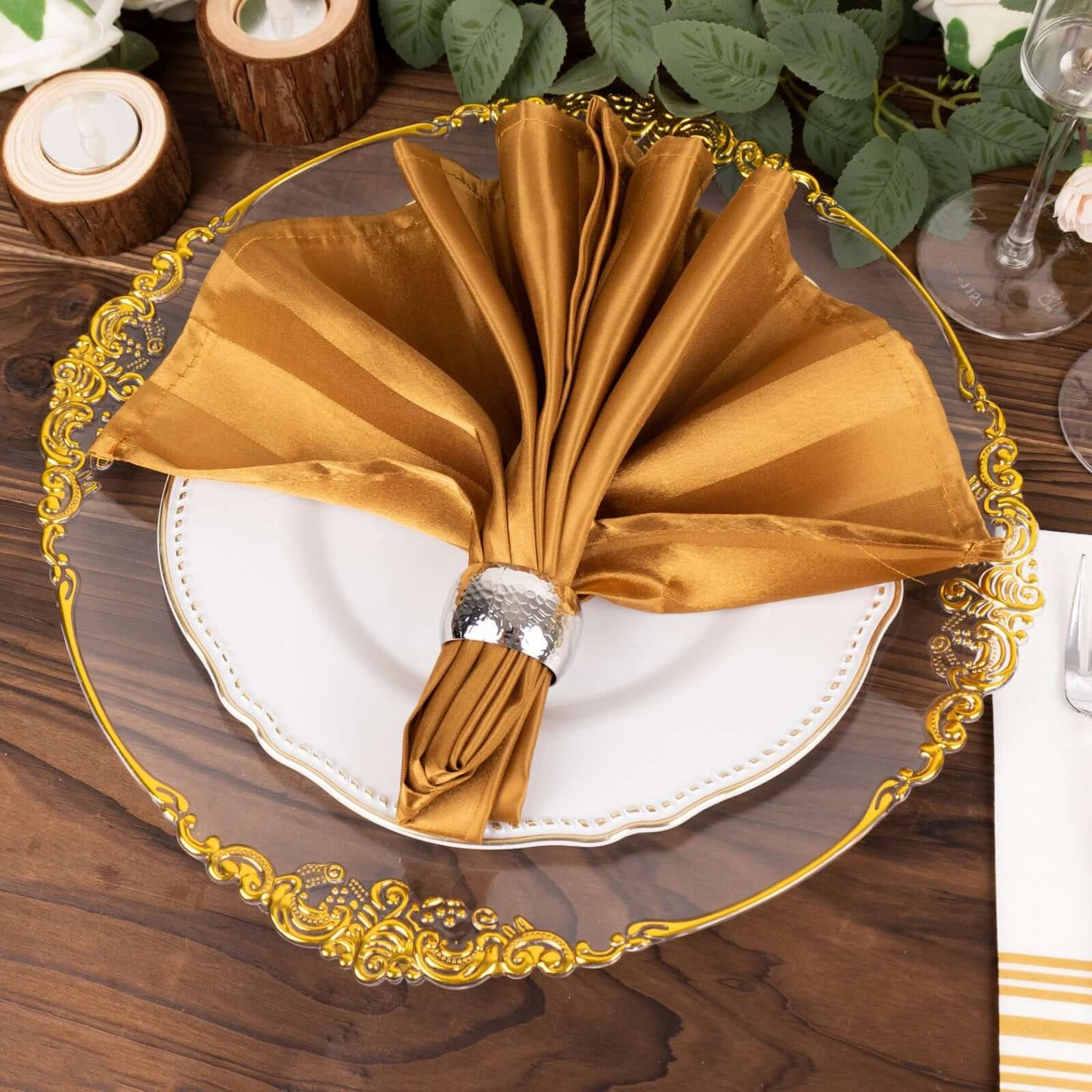 5 Pack Satin 20"x20" Napkins Gold Glossy Stripes - Durable & Wrinkle-Free Cloth Napkins