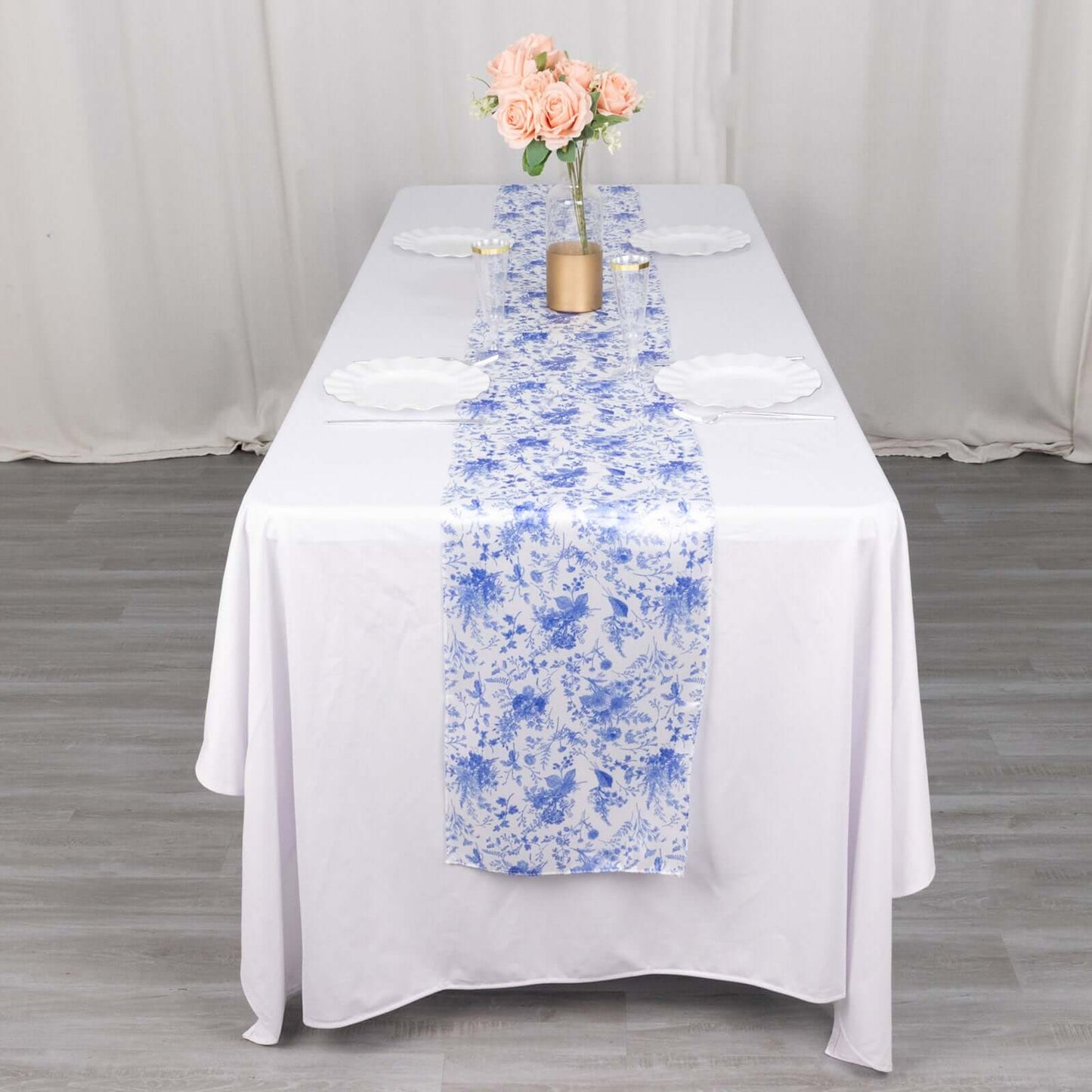 Satin 12"x108" Table Runner White with Blue French Toile Floral Pattern - Refined Style for Upscale Events