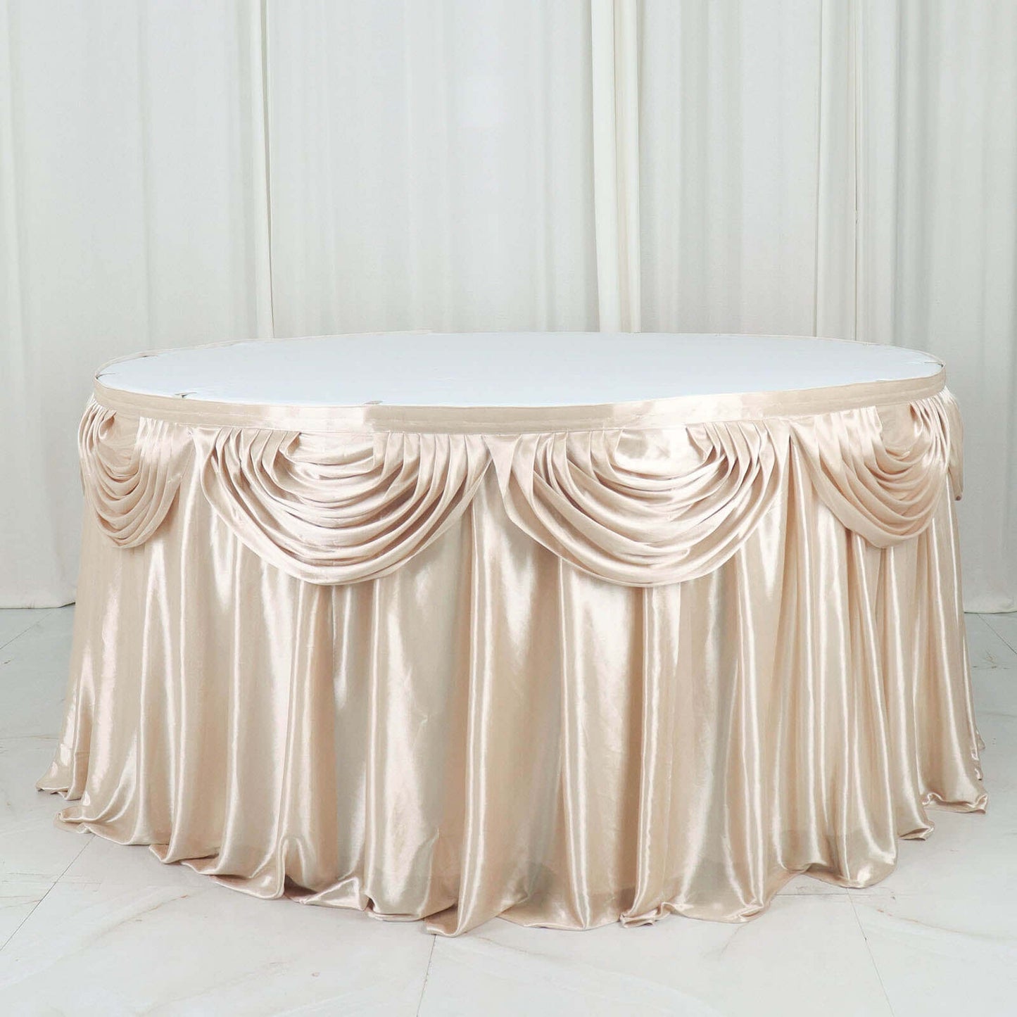 Satin 14ft Table Skirt Beige - Pleated Double Drape Table Cover