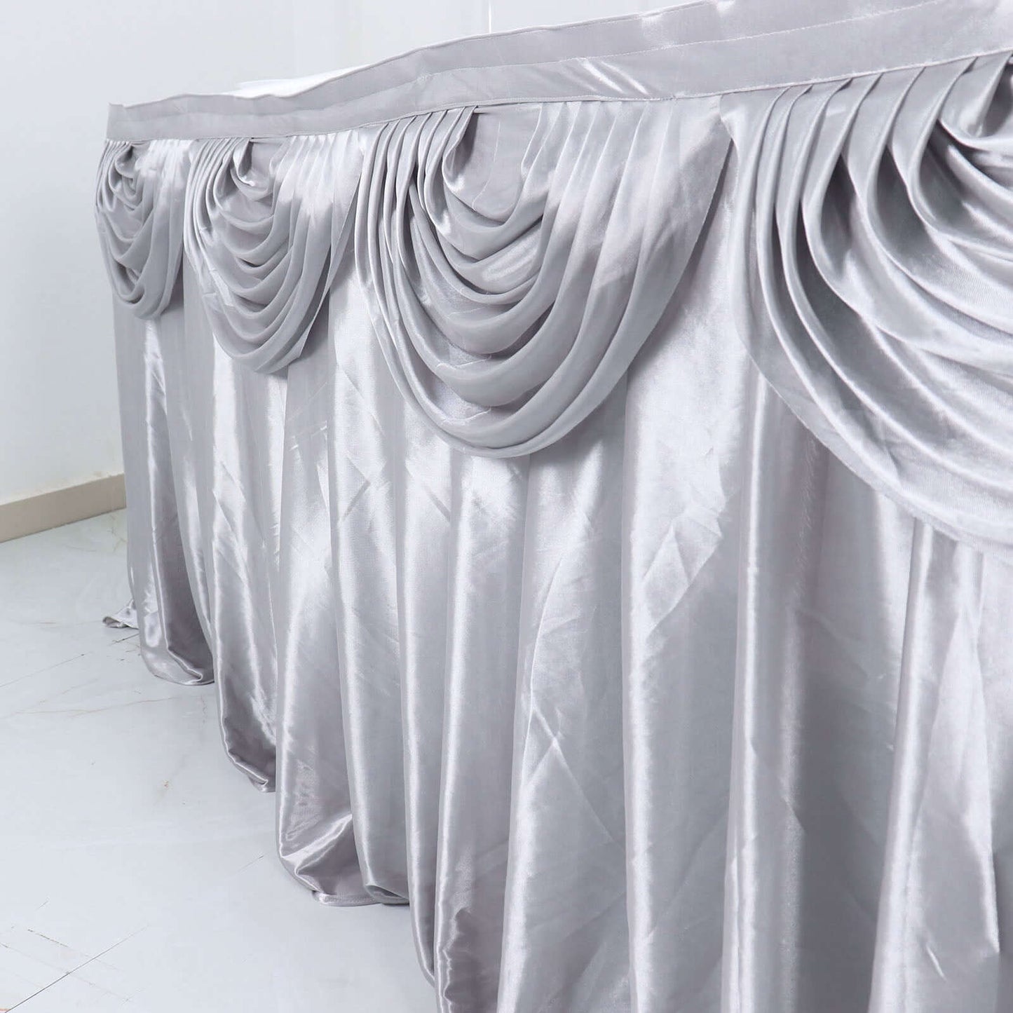 Satin 14ft Table Skirt Silver - Pleated Double Drape Table Cover