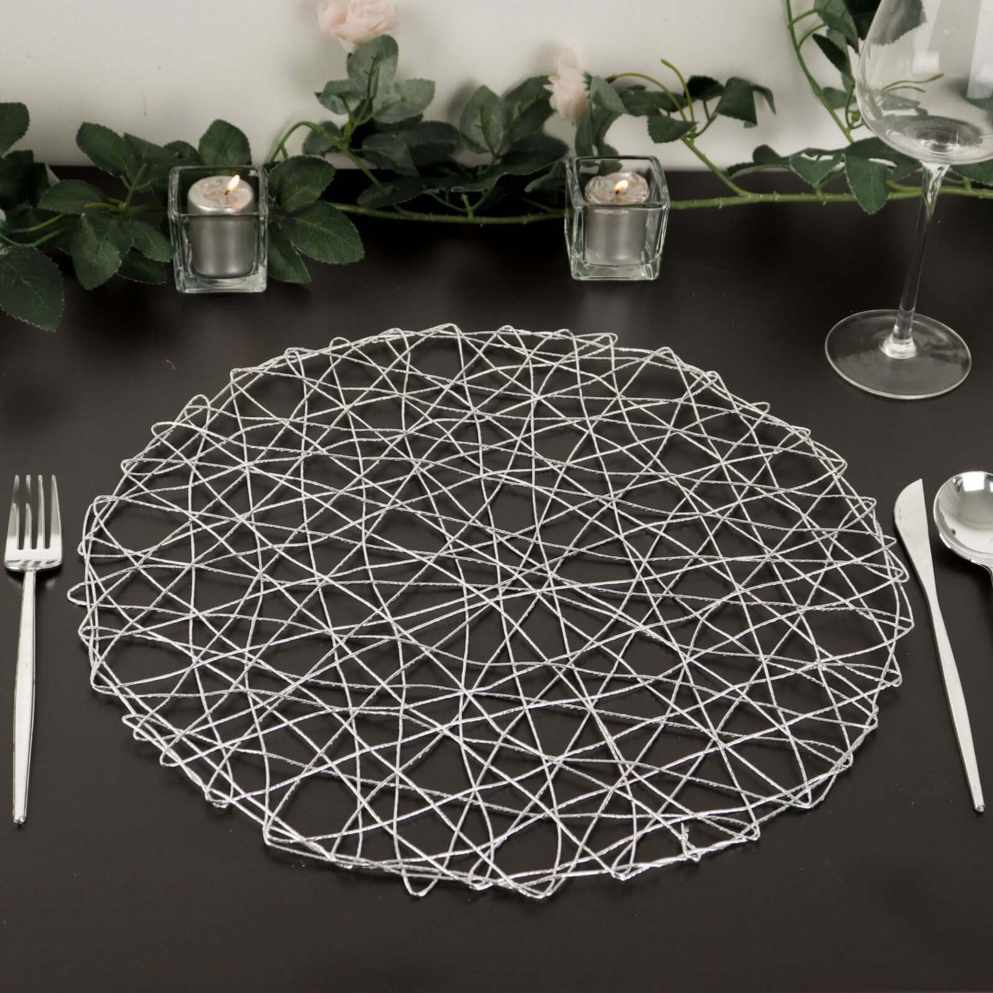 6-Pack Table Placemats Woven Fiber Design Silver Round - Disposable Mats for Dining and Events 15"