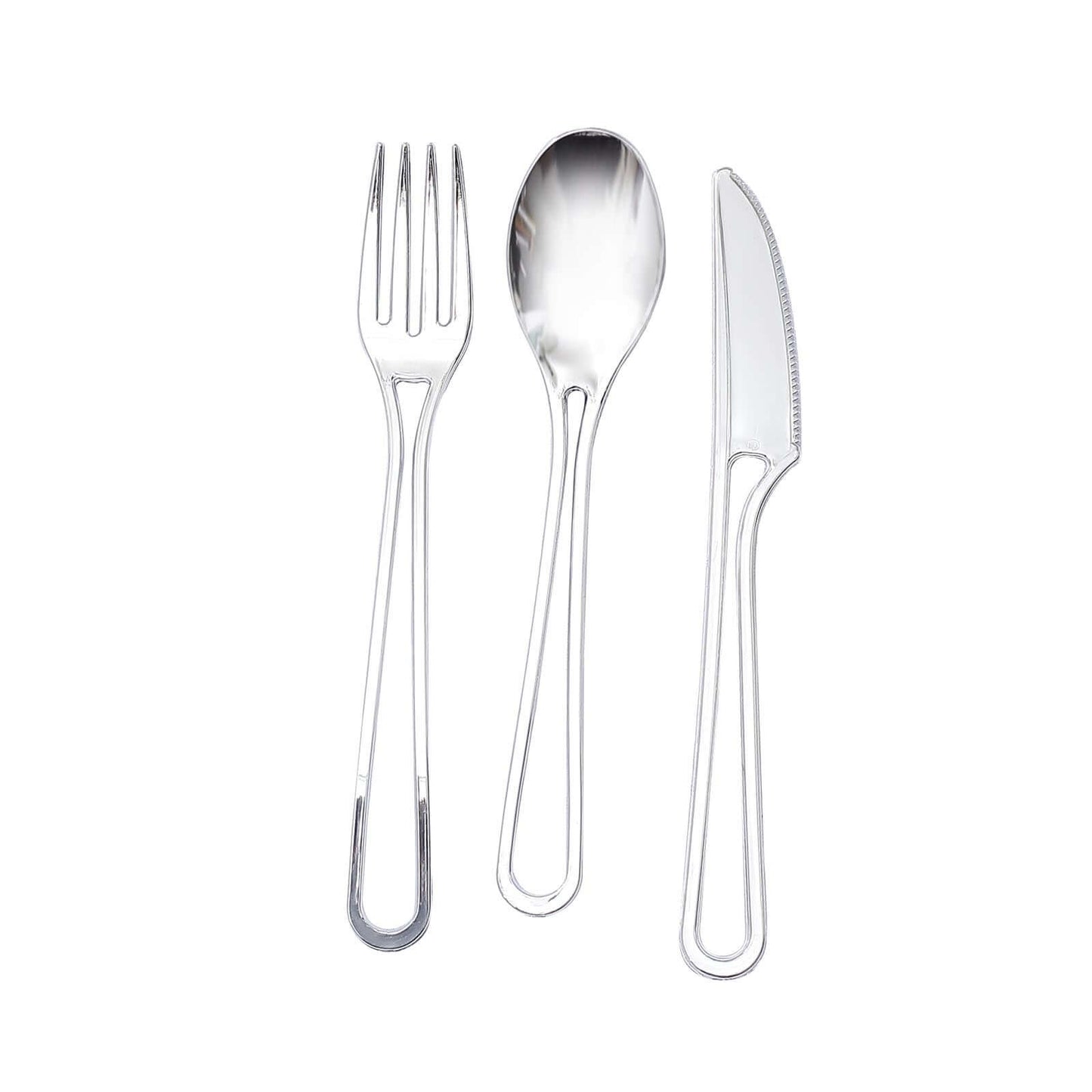 24-Pack Plastic Utensil Set with Modern Hollow Handle Design Silver - Disposable Silverware 7"