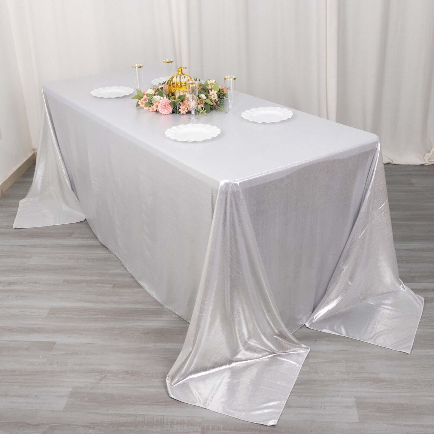 Sequin Dots Polyester 90"x132" Rectangle Tablecloth Shimmering Silver - Seamless, Glittering & Wrinkle Free Table Cover