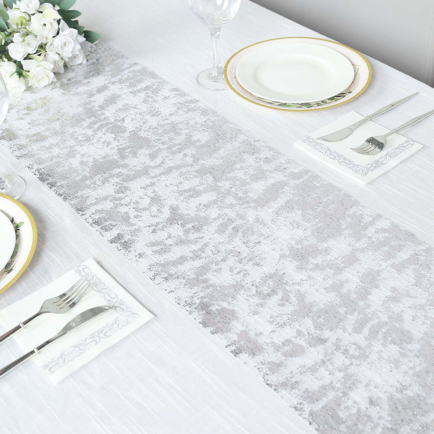Mesh Polyester 108" Table Runner Roll Metallic Silver - Distressed Foil Look Disposable Table Decor
