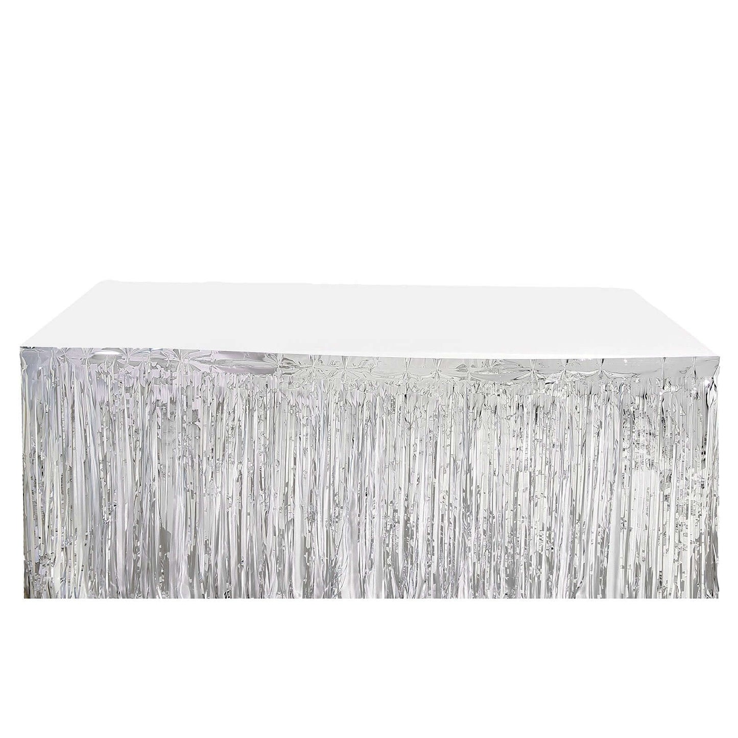 Metallic Foil Fringe Table Skirt Silver with Self Adhesive Backing - Durable Tinsel Skirt for Parties 30"x9ft