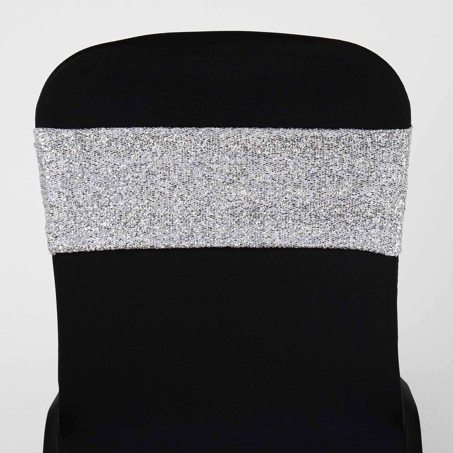 5 Pack Metallic Shimmer Tinsel Spandex Chair Sashes Silver - Durable and Reusable Stretch Chair Bands