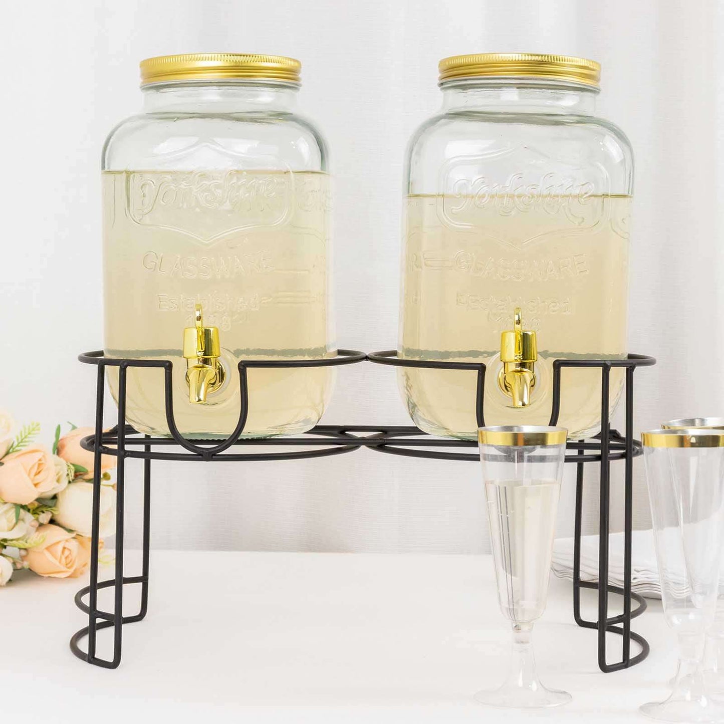 2-Pack Clear Glass Beverage Dispenser Stand, Dual Juice Jars with Gold Metal Lids and Spigot - Convenient Serving Feature 2-Gallon