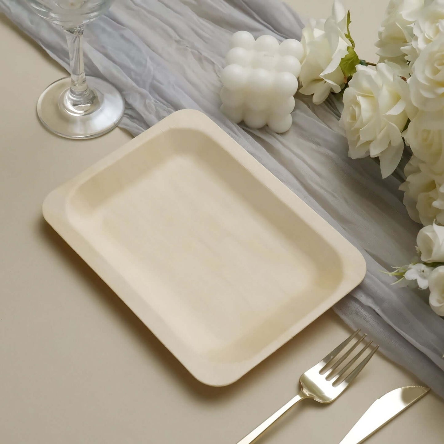 25-Pack Birchwood 5"x8" Rectangle Dessert Serving Plates - Natural Eco Friendly Wooden Disposable Plates for Farmhouse-Style Events, Parties & Gatherings