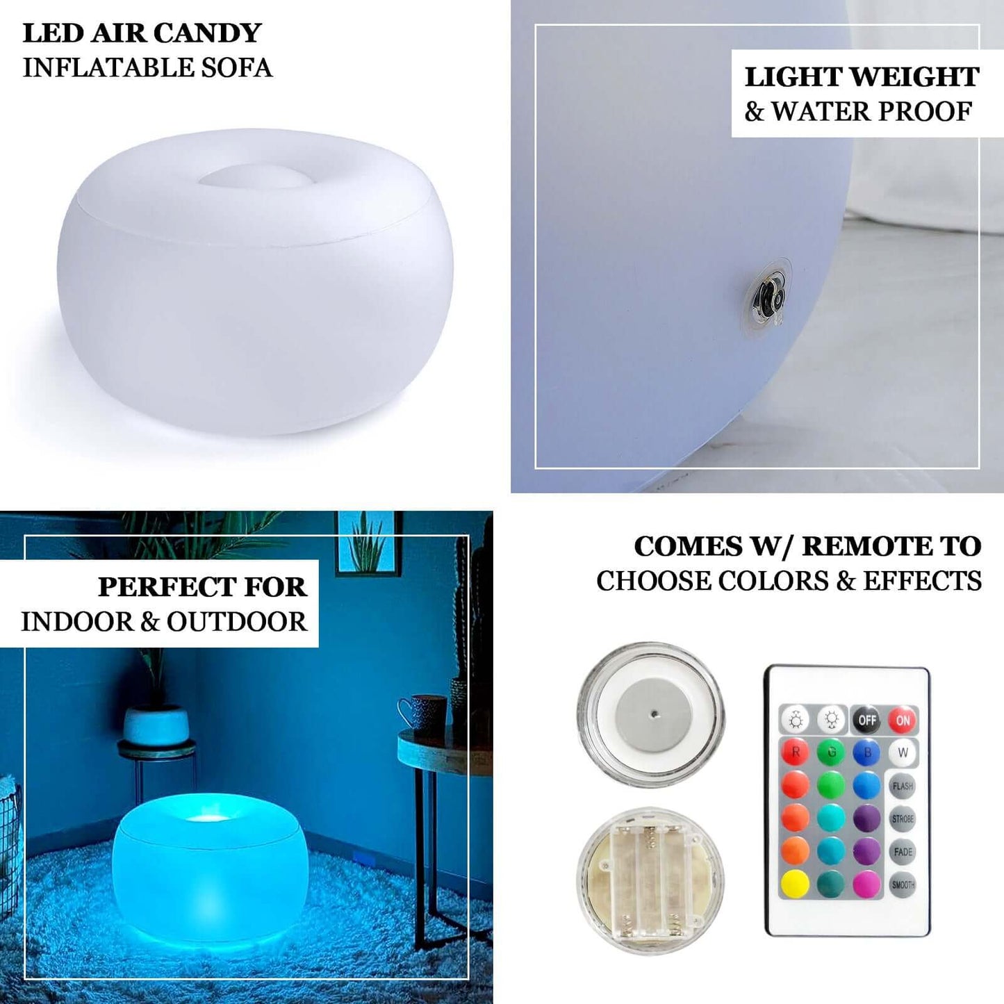 22" Color Changing LED Light Up Inflatable Pouf Ottoman, Waterproof Illuminated Remote Battery Operated Furniture