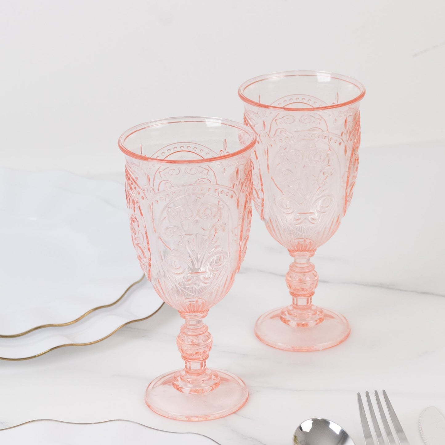 24-Pack Plastic Wine Glasses 10oz â€“ Transparent Blush Vintage Goblets with Retro Embossed Design, Elegant Drinkware - 7" Tall