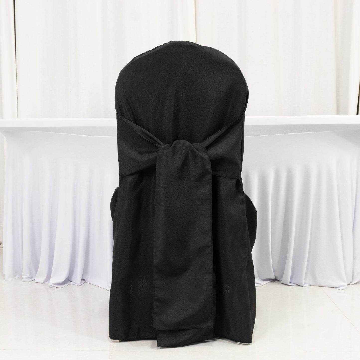 10-Pack Polyester Slip-On Banquet Chair Covers with Attached Sashes â€“ Black Reusable Stain-Resistant Covers for Wedding & Event Decor