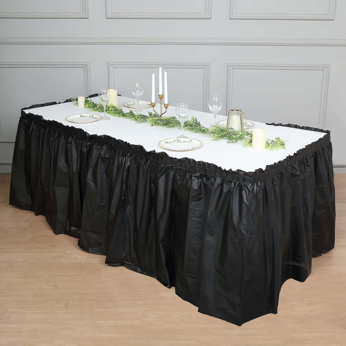 5 Pack Plastic Table Skirts Black Ruffled - Durable Disposable Skirts for Events 14ft