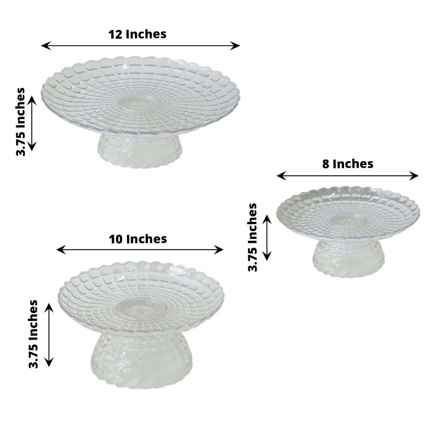 Set of 3 Plastic Cupcake Stands Clear Pressed Glass Pattern - Modern Stackable & Reusable Cake Dessert Pedestal Display Holders with Scalloped Edges 8", 10", 12"