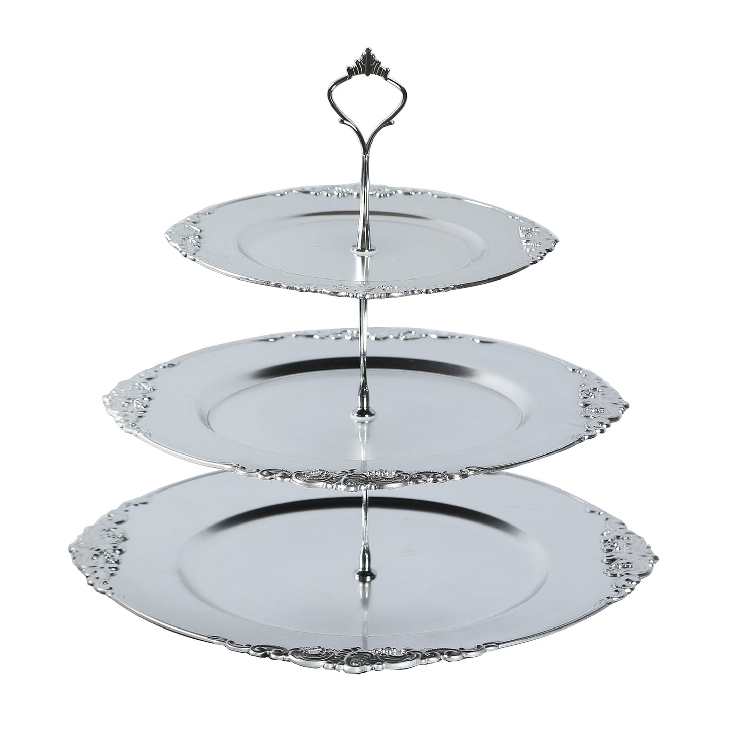 3-Tier Plastic Round Cupcake Stand Metallic Silver with Baroque Rim & Top Handle 13"