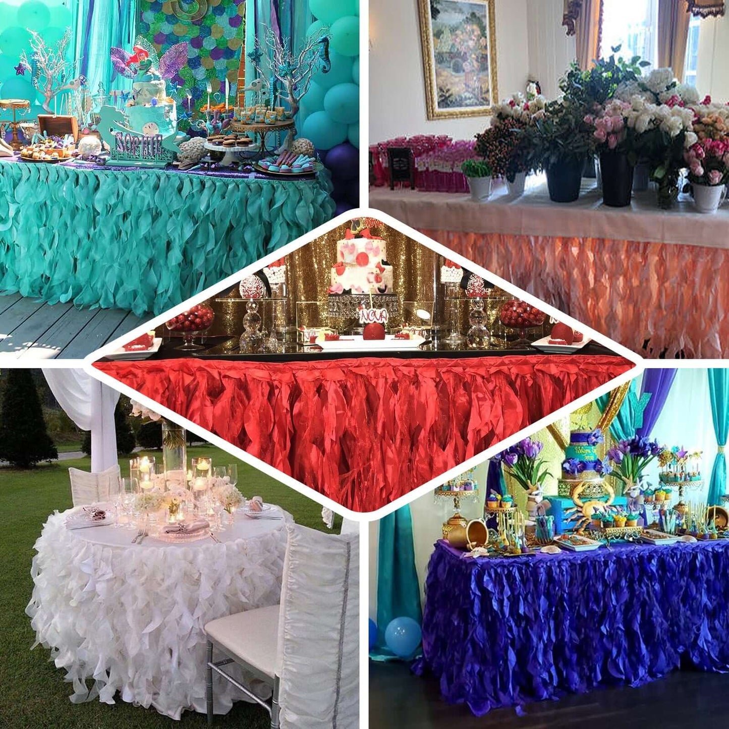 Taffeta 14ft Table Skirt Hunter Emerald Green - Cascading Curly Willow Style Table Cover