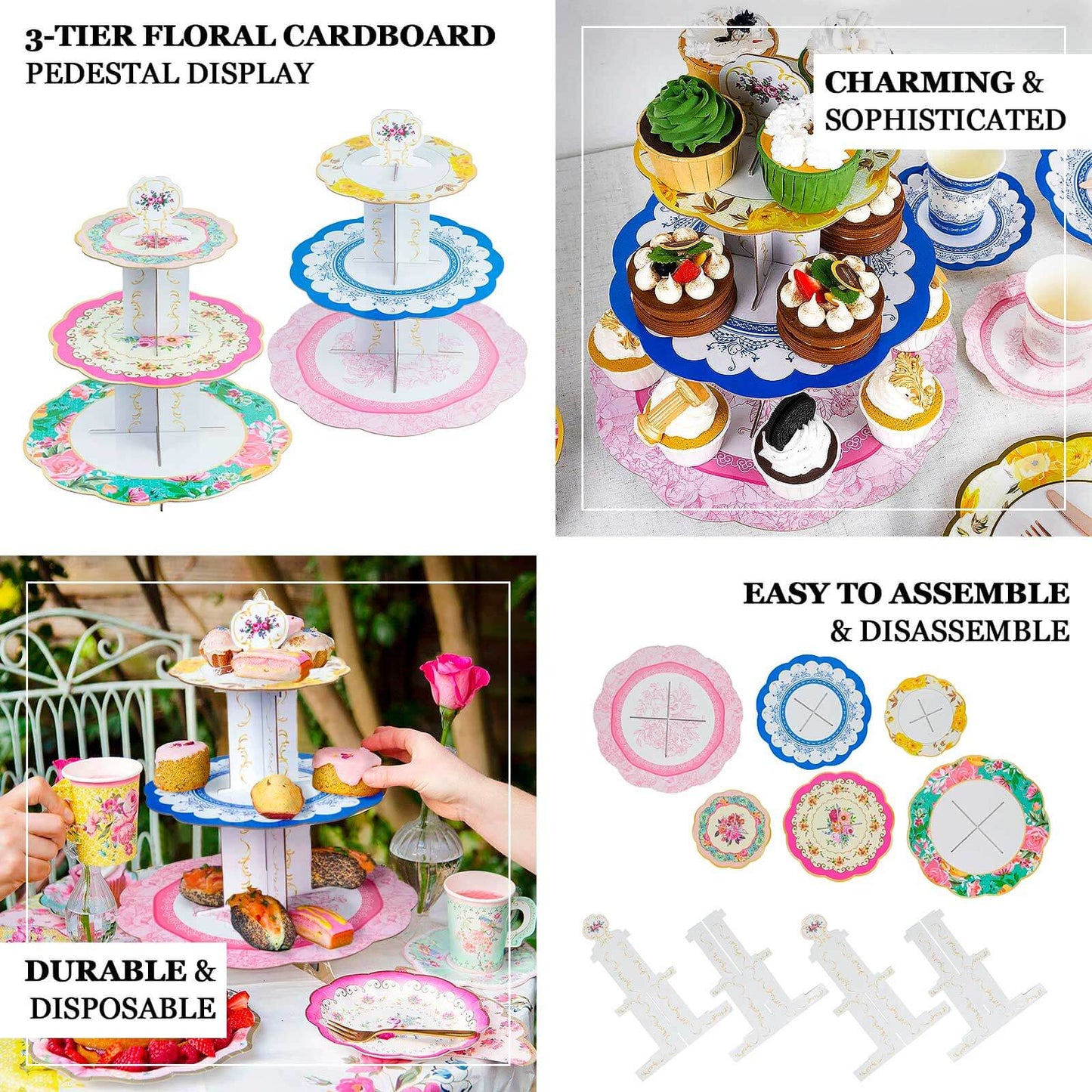 2-Pack Cardboard Round Cupcake Stand Assorted Floral Design - 3-Tier Reusable Dessert Display Pedestal With Scalloped Edges for Garden-Themed Celebrations 14"