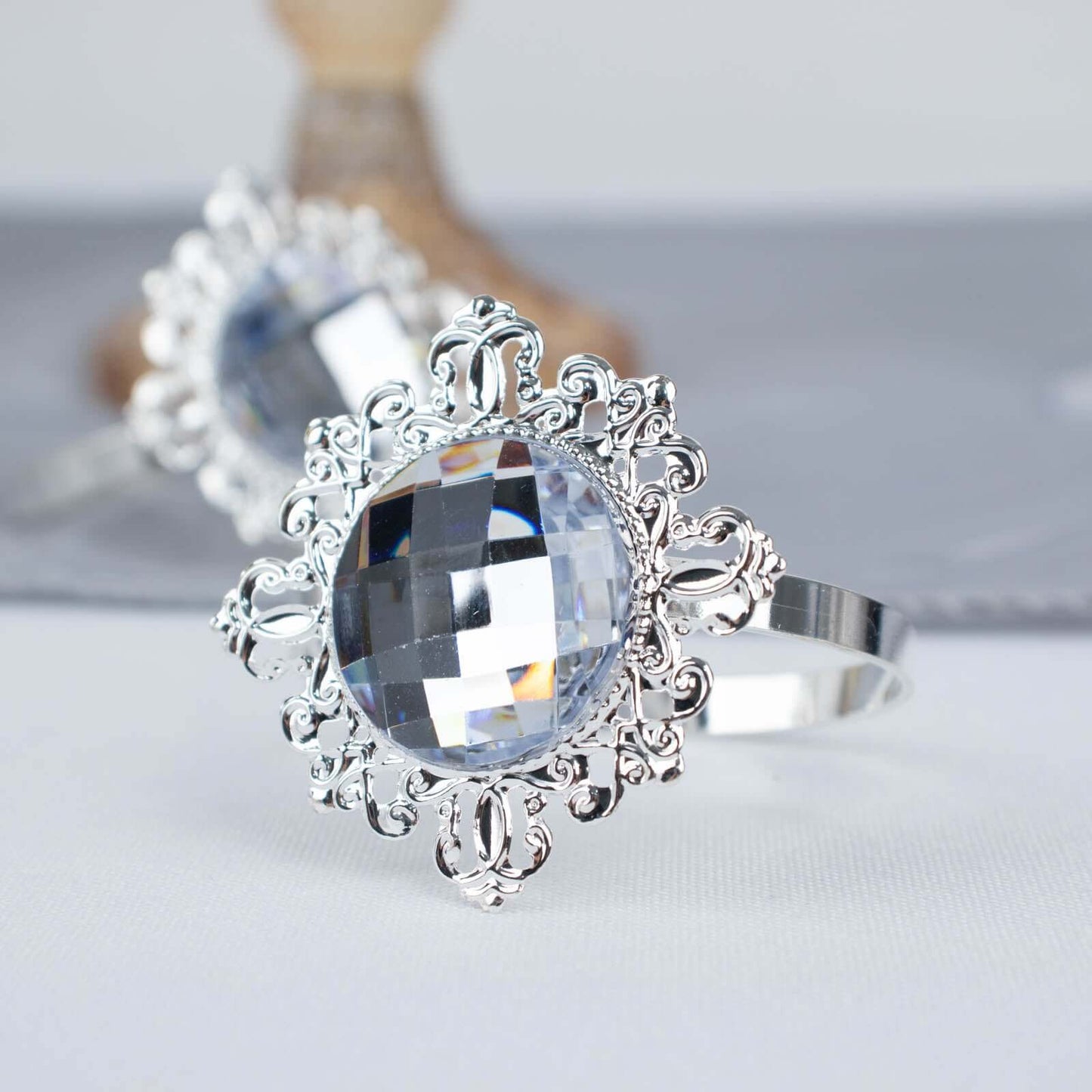 6 Pack 2" Silver Metal Clear Crystal Rhinestone Napkin Rings, Diamond Bling Napkin Holders