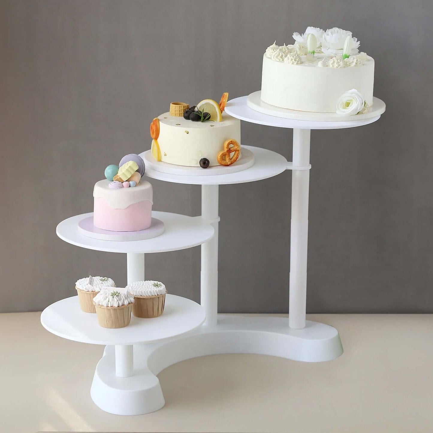 4-Tier Plastic Cake Stand with Half Moon Base White for Weddings Tea Parties & Home Gatherings 17"