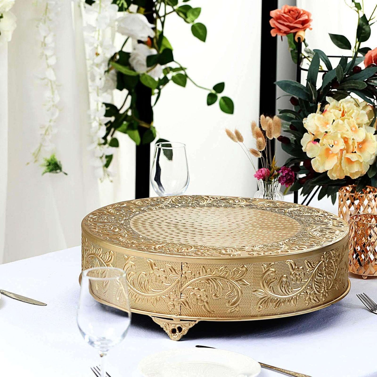 Metal 18" Round Cake Pedestal Stand Matte Gold - Cupcake Dessert Display Riser with Intricate Embossed Design for Upscale Events & Gatherings
