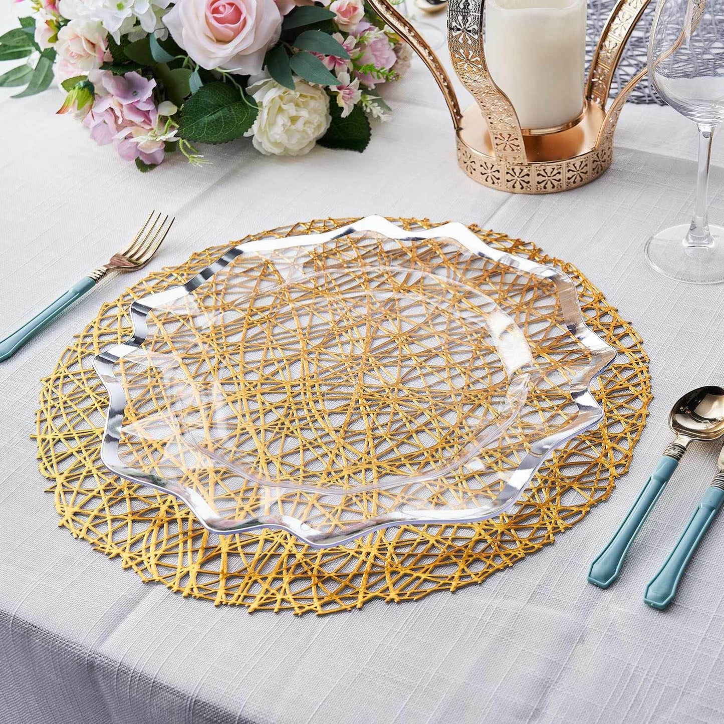 6-Pack Vinyl Placemats Gold Woven Design - Durable Non-Slip Round Table Mats for Dining 15"