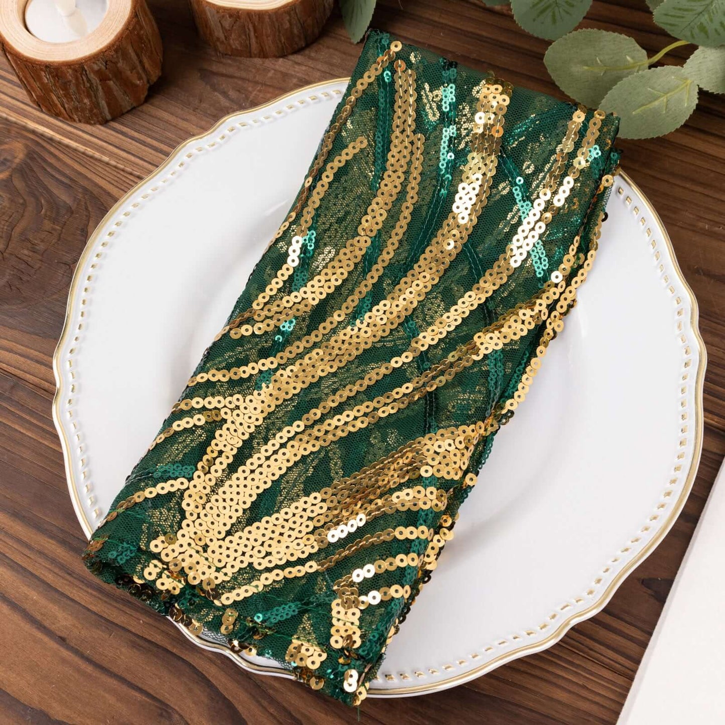 Sequin Mesh 20"x20" Napkin Hunter Emerald Green Gold - Wave Embroidered Reusable Napkin