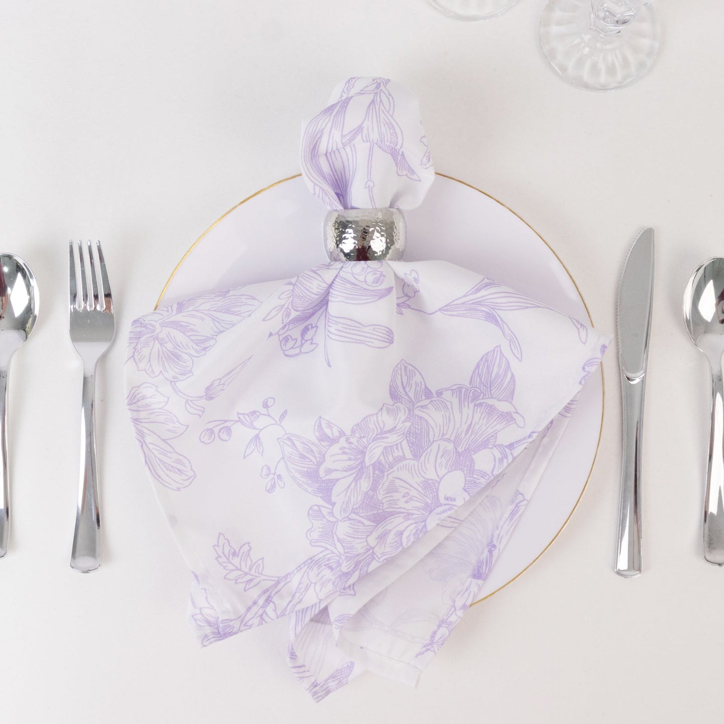 5 Pack Polyester 20"x20" Dinner Napkins White with Lavender Lilac French Toile Pattern - Reusable Floral Cloth Napkins