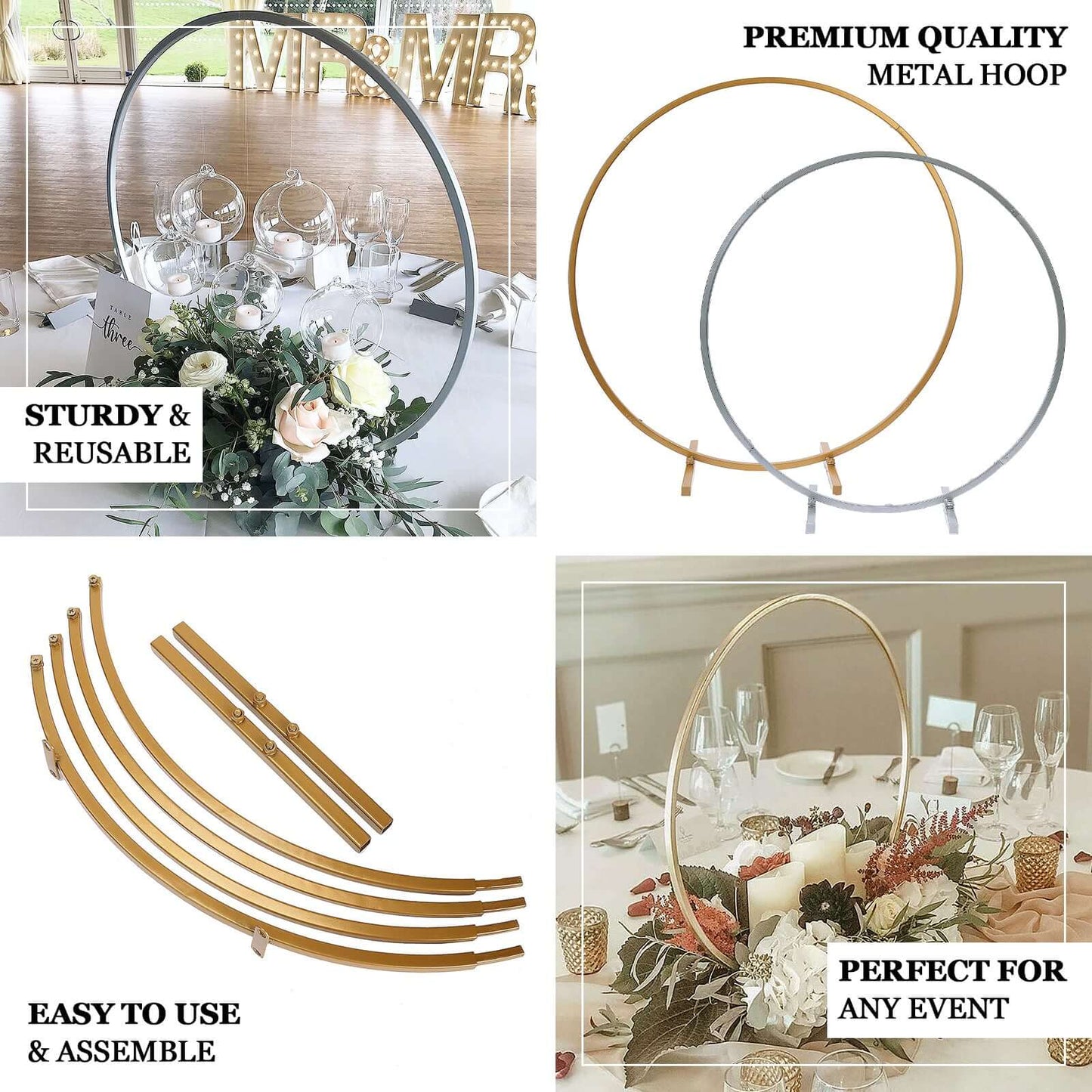 24" Silver Round Arch Wedding Centerpiece, Metal Hoop Wreath Tabletop Decor