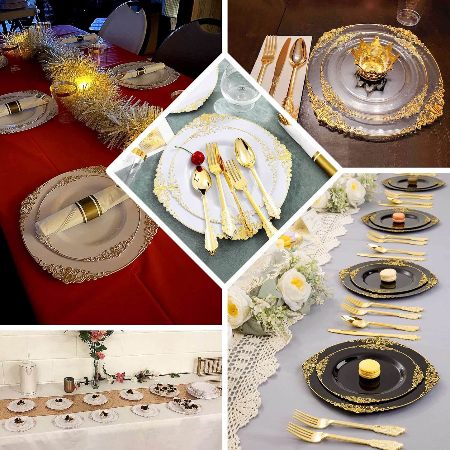 10-Pack Plastic 10" Round Dinner Plates in Clear with Gold Leaf Embossed Rim - Disposable Vintage Baroque Style Plates