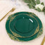 10-Pack Plastic 8" Round Dessert Plates in Hunter Emerald Green with Gold Leaf Embossed Rim - Disposable Vintage Baroque Style Salad Plates