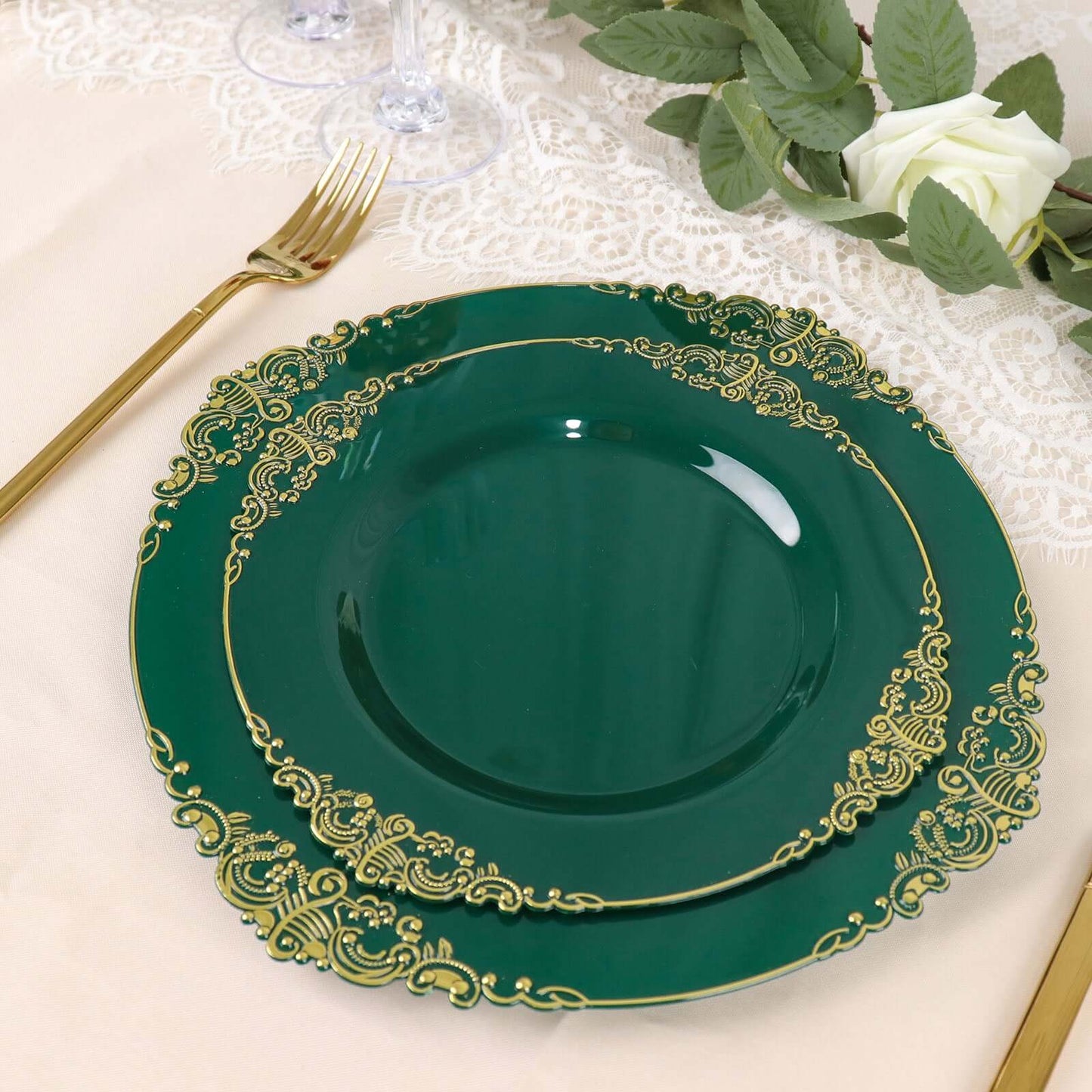 10-Pack Plastic 8" Round Dessert Plates in Hunter Emerald Green with Gold Leaf Embossed Rim - Disposable Vintage Baroque Style Salad Plates