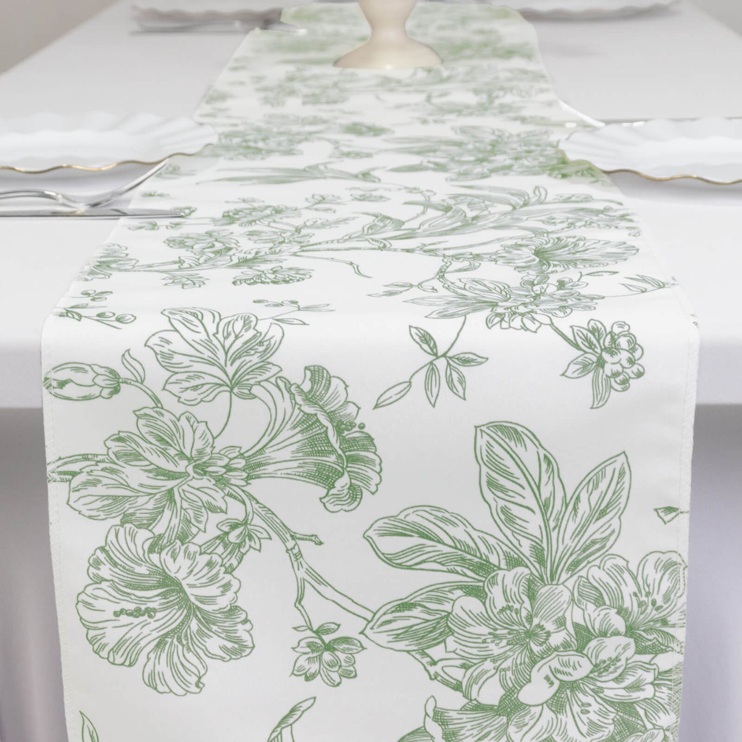 Polyester Table Runner 12"x108" White with Dusty Sage Green French Toile Floral Print Reusable Table DÃ©cor