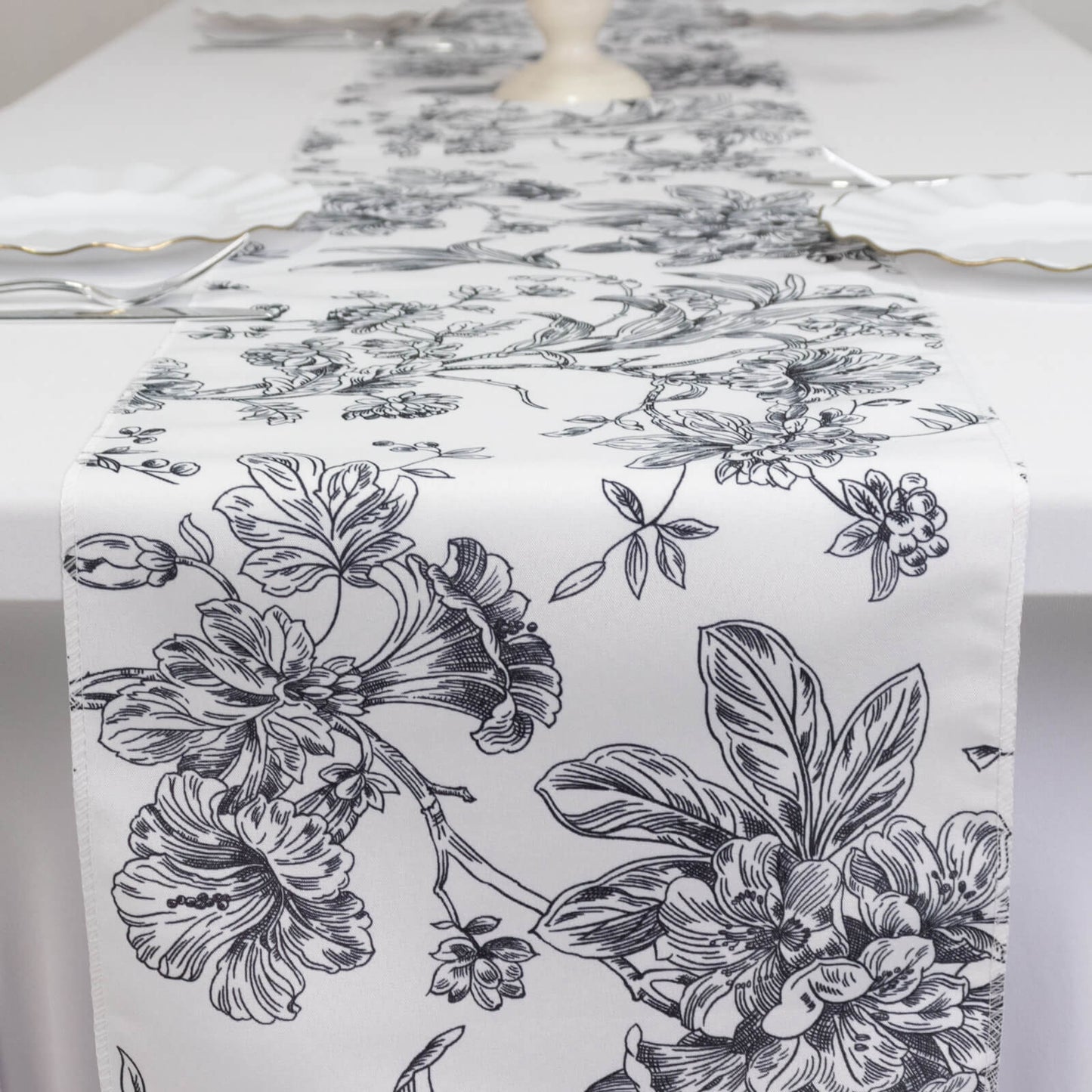 Polyester Table Runner 12"x108" White with Black French Toile Floral Print Reusable Table DÃ©cor