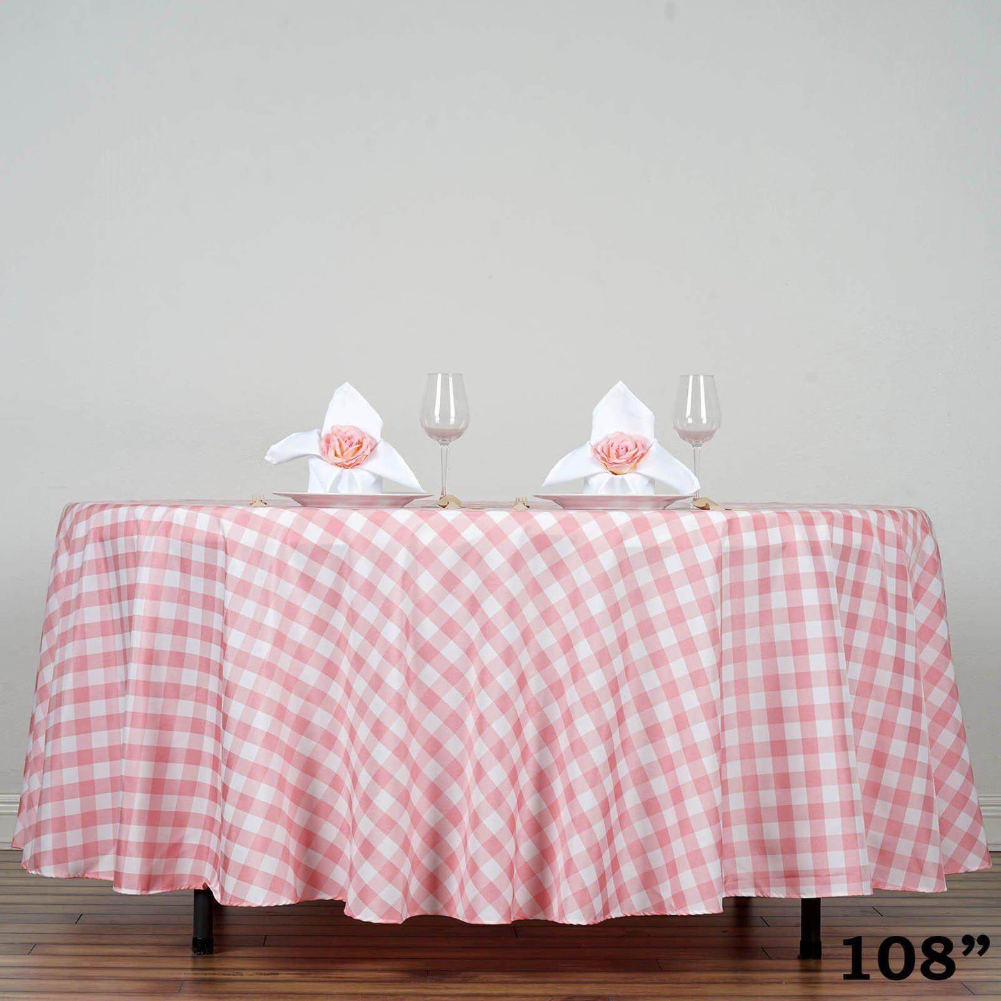 Polyester 108" Round Tablecloth White/Rose Quartz - Checkered Buffalo Plaid Design for Stylish Celebrations