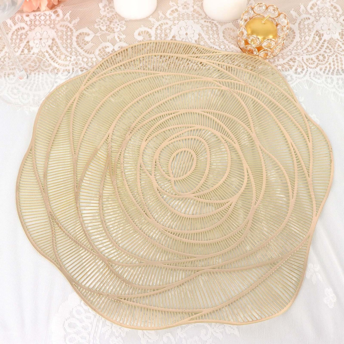 6-Pack Dining Table Mats Rose Flower Design Metallic Gold - Vinyl Round Non-Slip and Washable Table Mats 15"