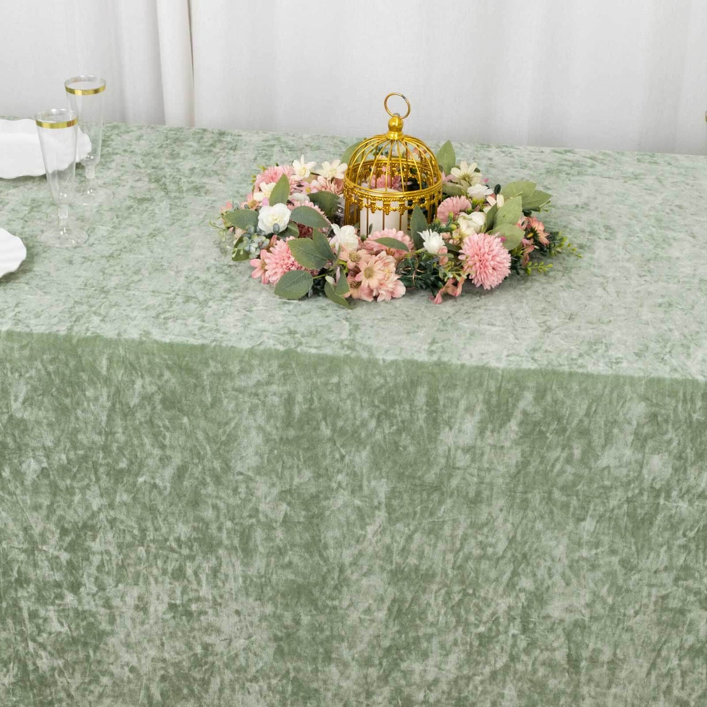 Premium Crushed Velvet 90"x132" Rectangle Tablecloth Sage Green - Reusable Soft & Seamless Table Cover