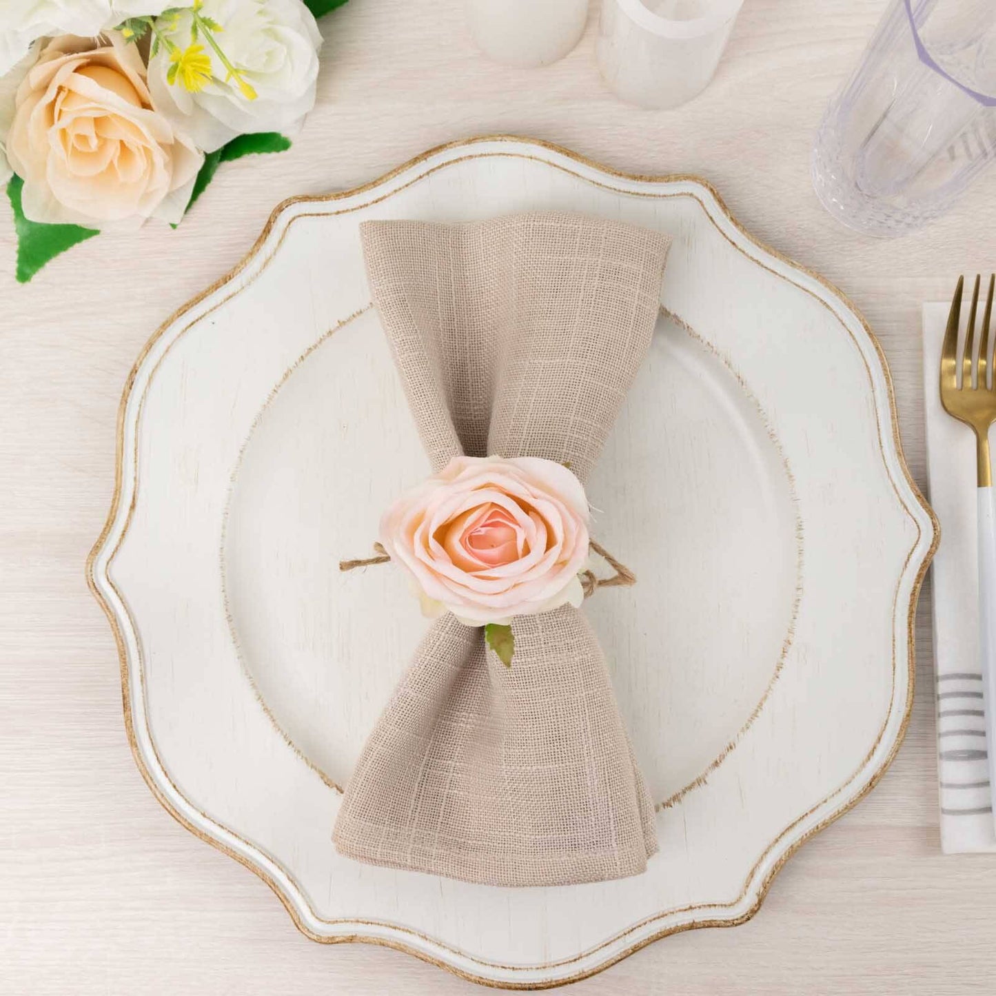 4 Pack Blush Artificial Rose Flower Wooden Napkin Holders, Farmhouse Country Floral Napkin Rings - 4"