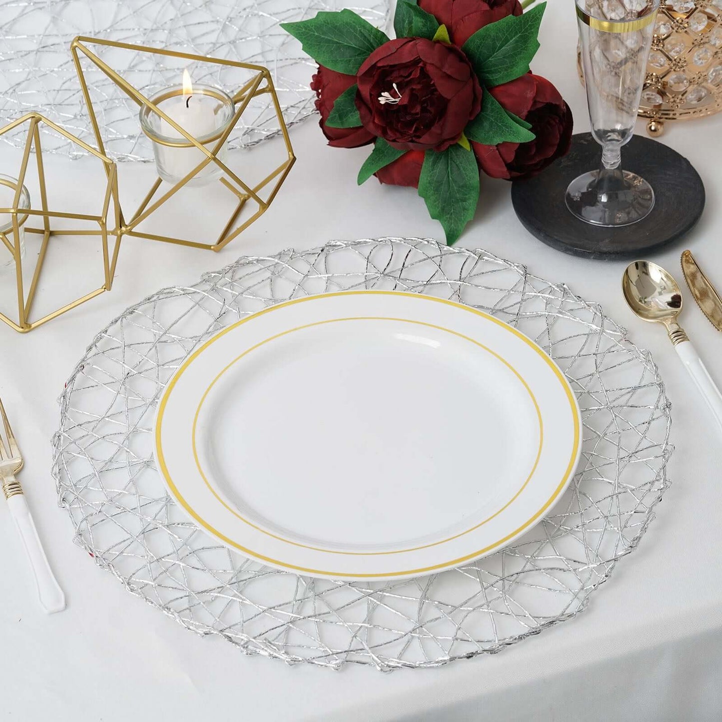 6-Pack Table Placemats Woven Fiber Design Silver Round - Disposable Mats for Dining and Events 15"