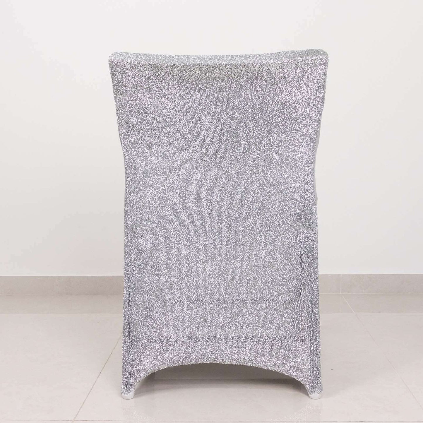 Stretch Spandex Chair Cover Silver for Folding Chairs - Metallic Shimmer Tinsel Back Design Fitted Slipcover