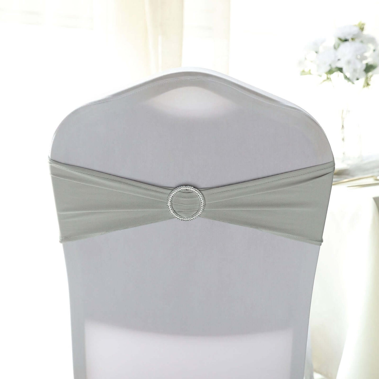 5 Pack Stretch Spandex Chair Sashes Silver - Reusable Chair Bands with Silver Diamond Ring Slide Buckle 5"x14"