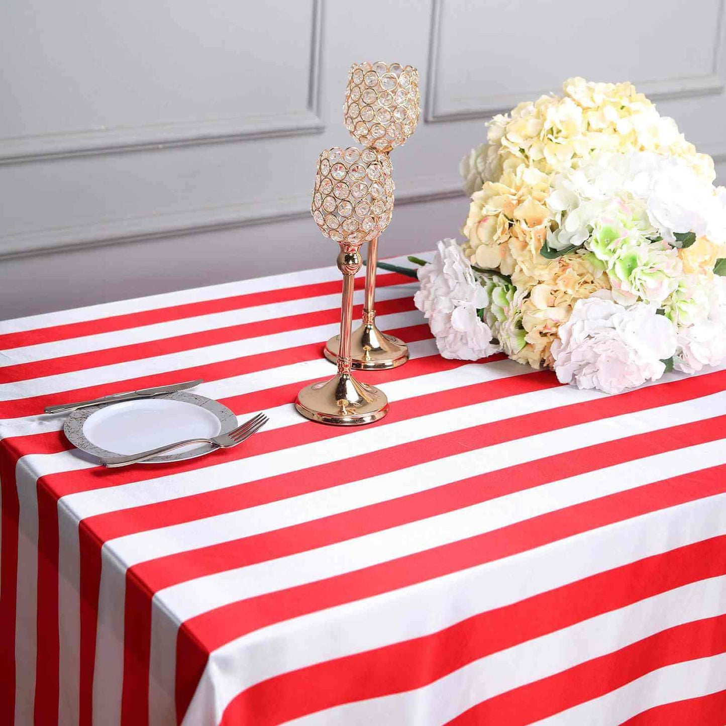 Satin 90"x156" Rectangle Tablecloth Red/White - Stripe Design with Seamless Finish Table Cover