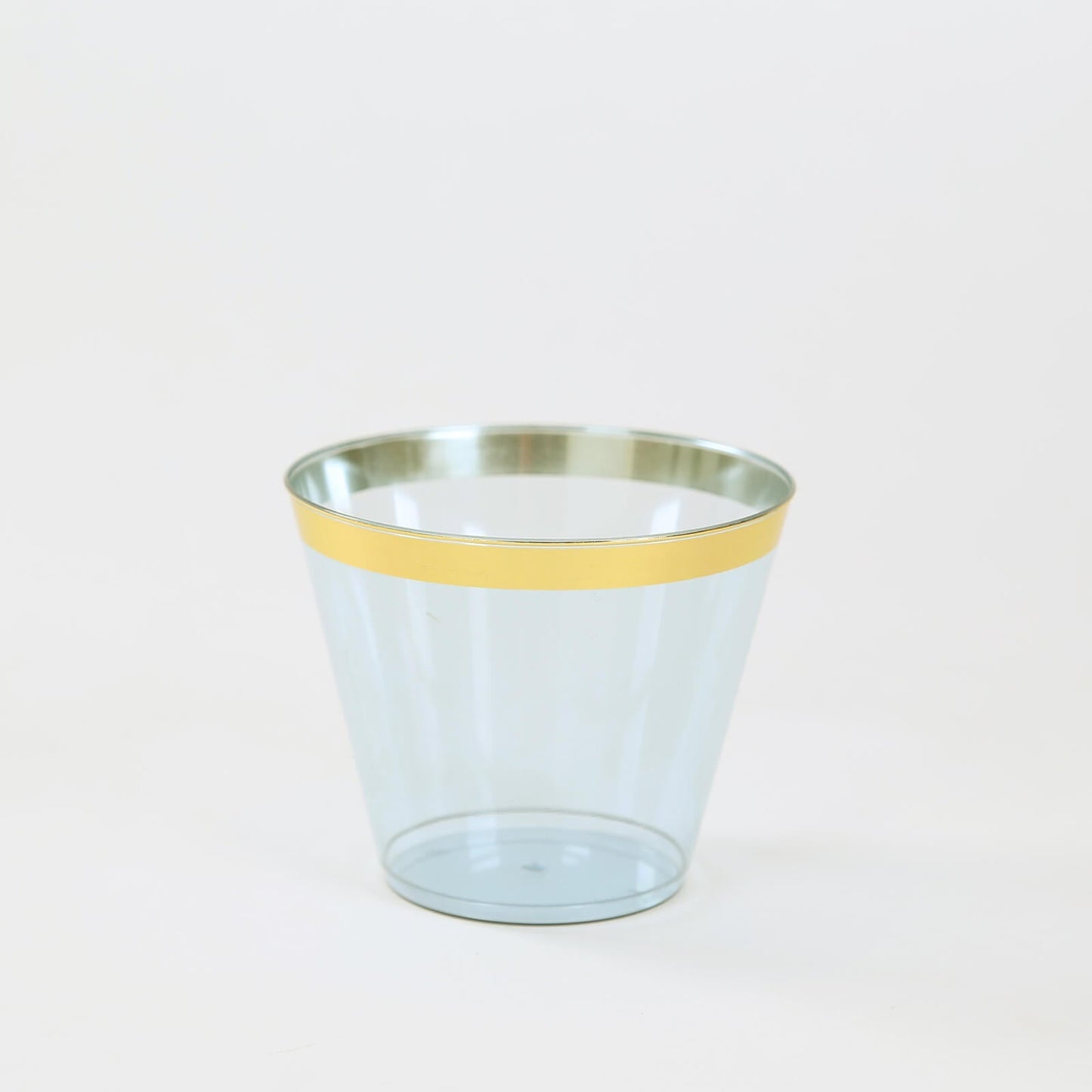 25-Pack Plastic Party Cups Transparent Dusty Blue Crystal with Gold Rim - Stylish Short Disposable Glasses 9oz