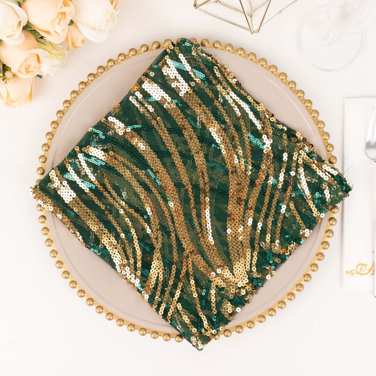 Sequin Mesh 20"x20" Napkin Hunter Emerald Green Gold - Wave Embroidered Reusable Napkin